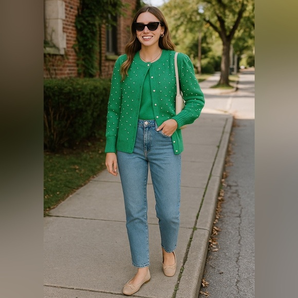 Vintage 80s Hand Knit Green Pearl Embellished Elegant Twinset S/M - Picture 3 of 16